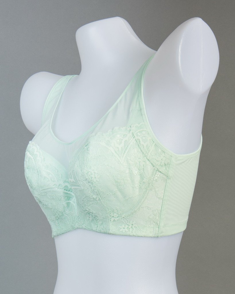 Detail view of mesh and lace construction on green full cup underwire push-up contour bra