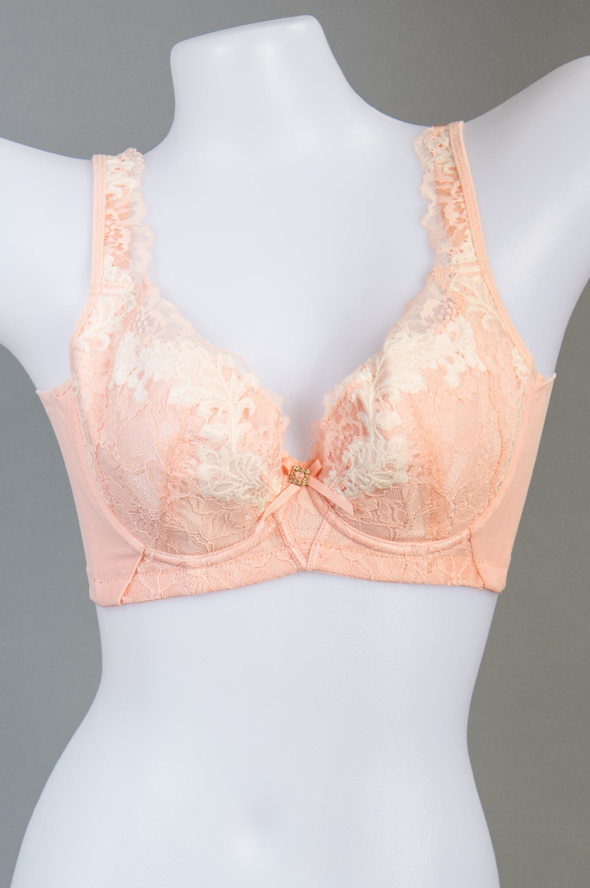 Front view of blue lace wireless push-up contour bra with full cup coverage and plunge design