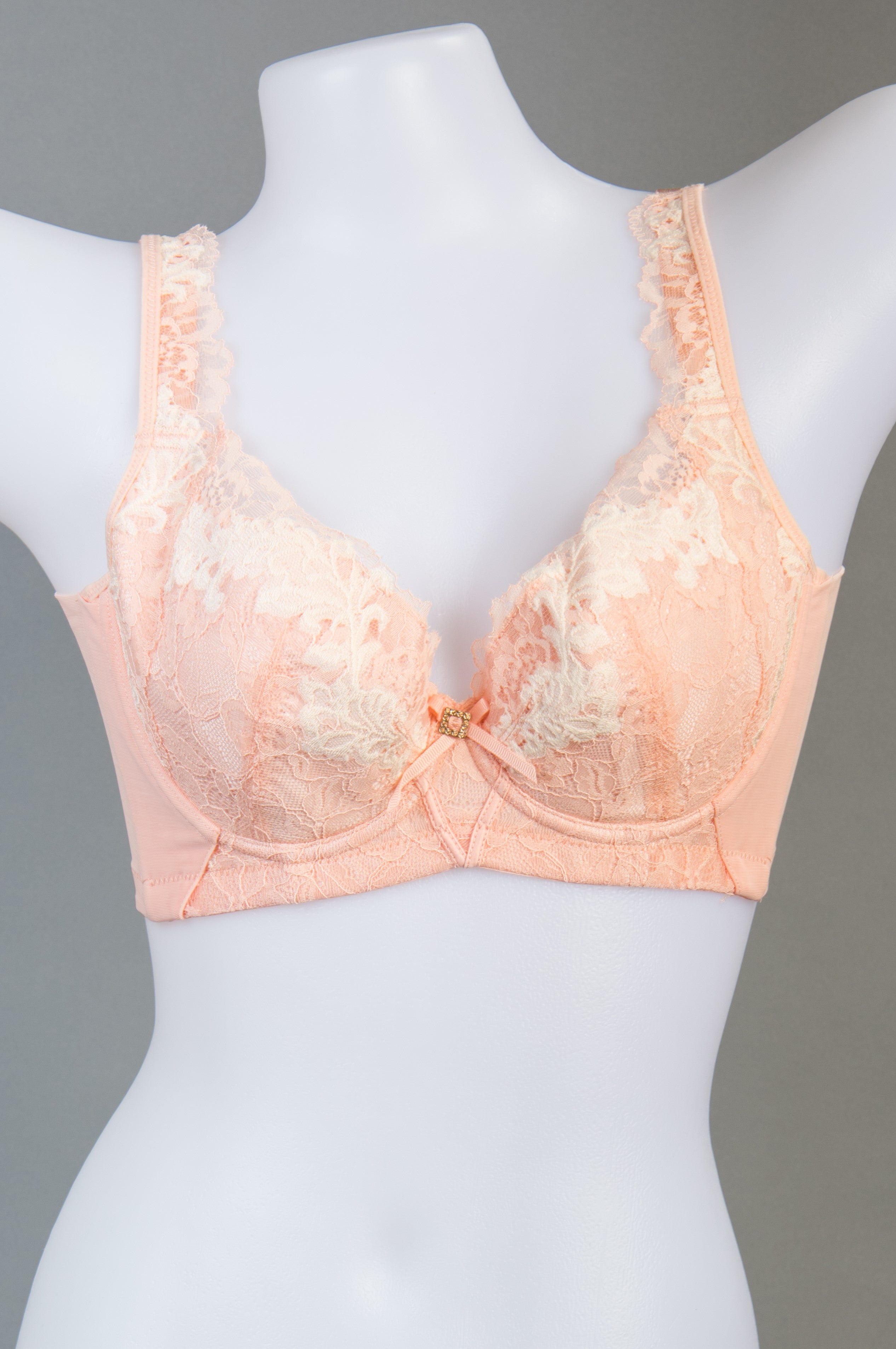 Front view of blue lace wireless push-up contour bra with full cup coverage and plunge design