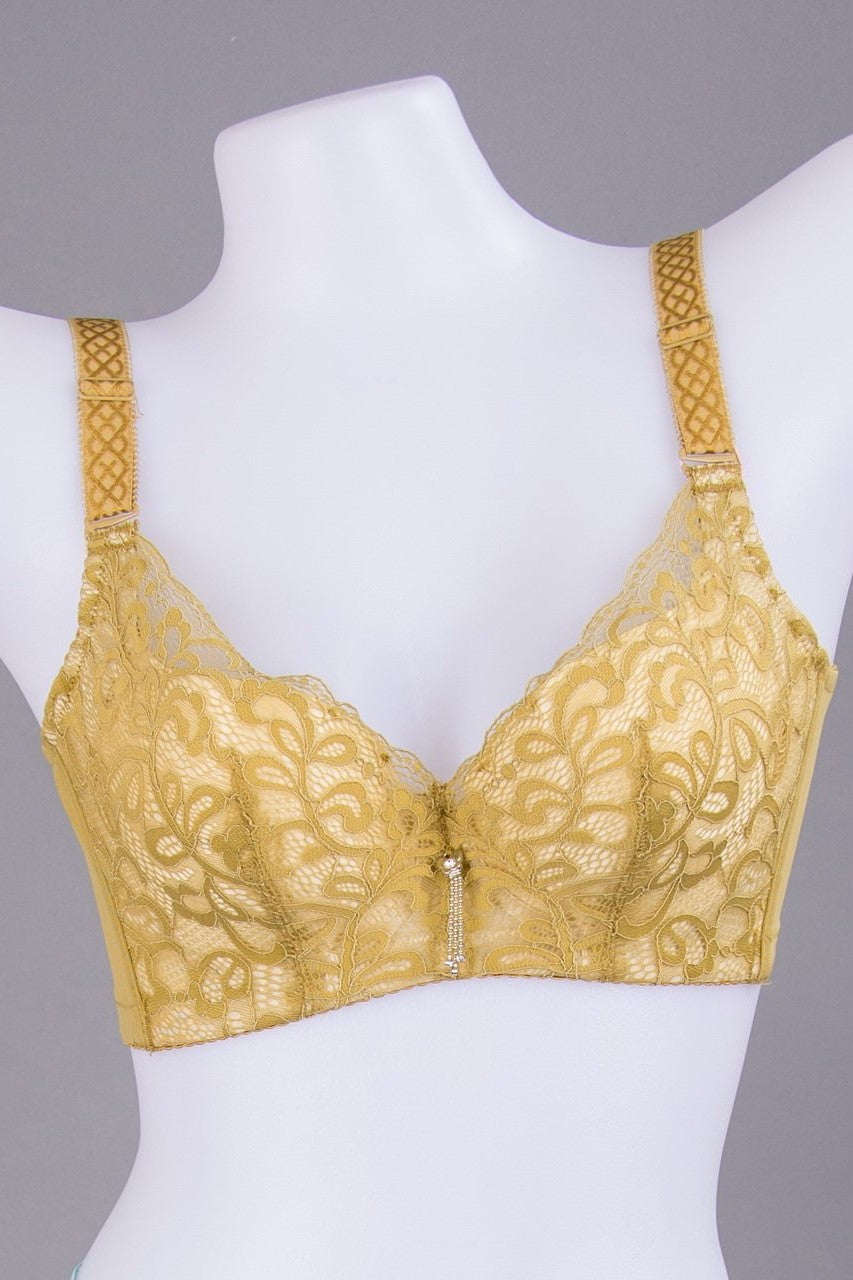 Side view of green crochet lace contour bra showing multi-way convertible straps