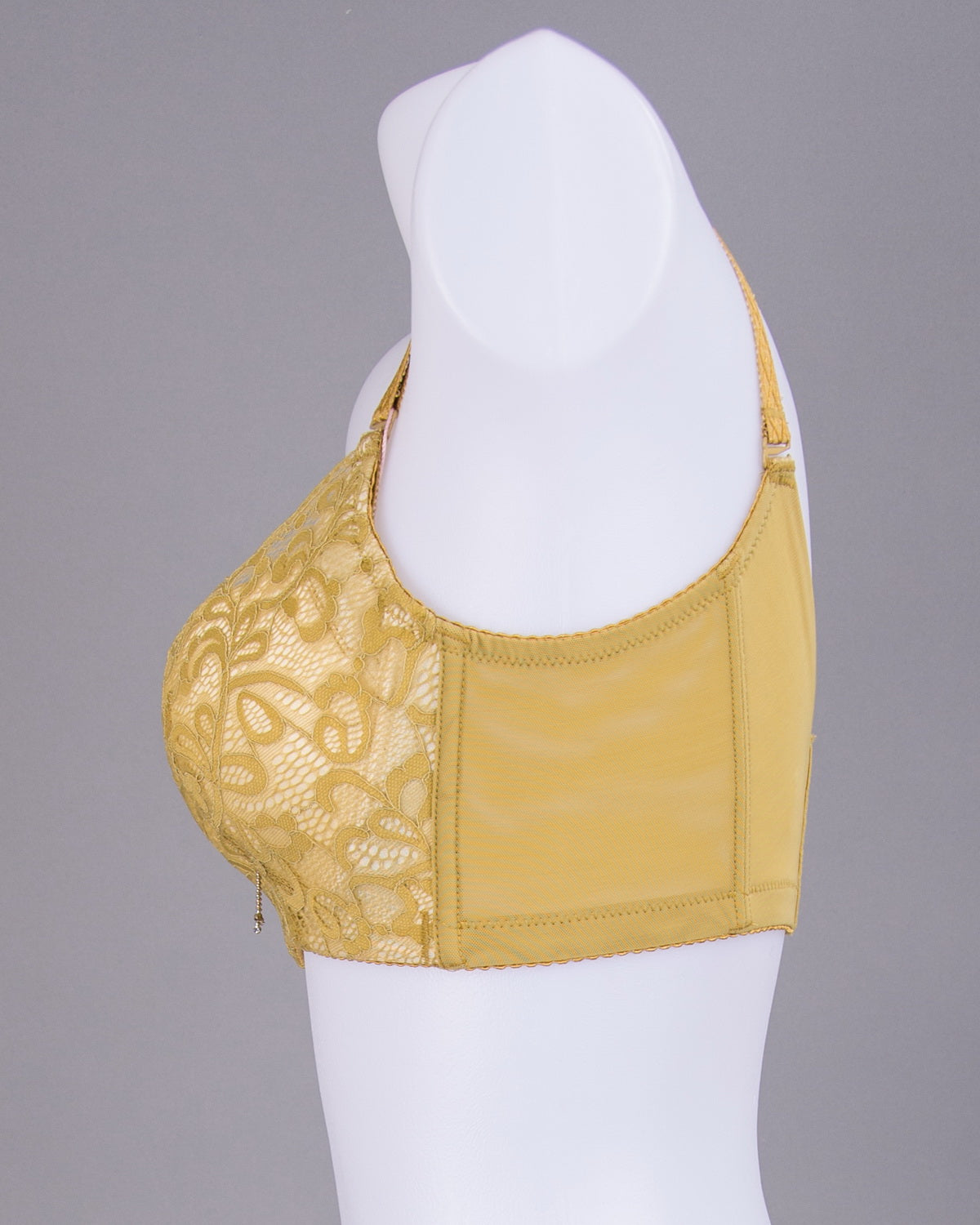 Back view of red crochet lace contour bra highlighting back-smoothing seamless fit