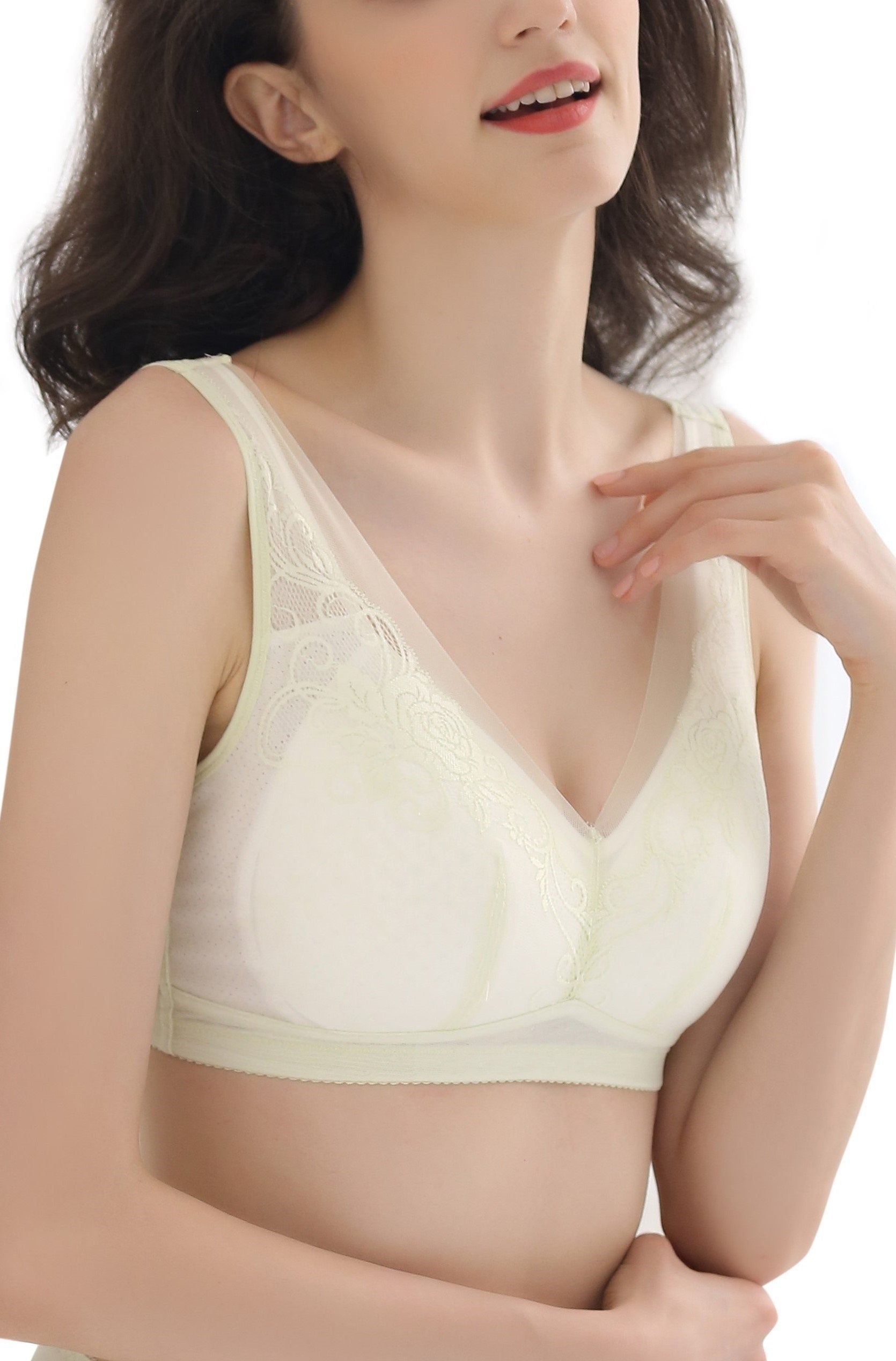 Front view of green wireless full cup contour bra with breathable silk mesh and seamless fit