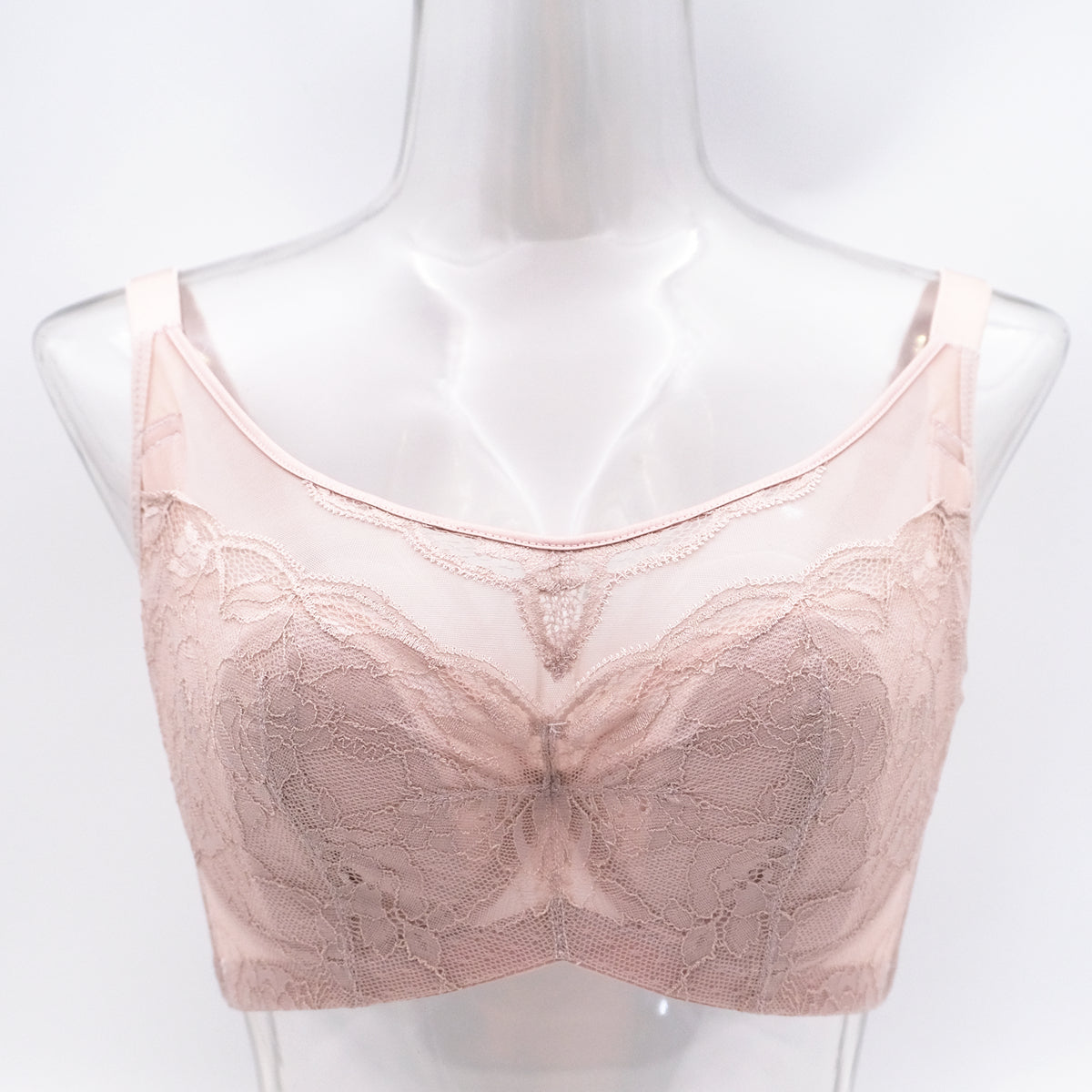 Front view of grey full-coverage lace wireless contour bra for full-figured women C-G cup