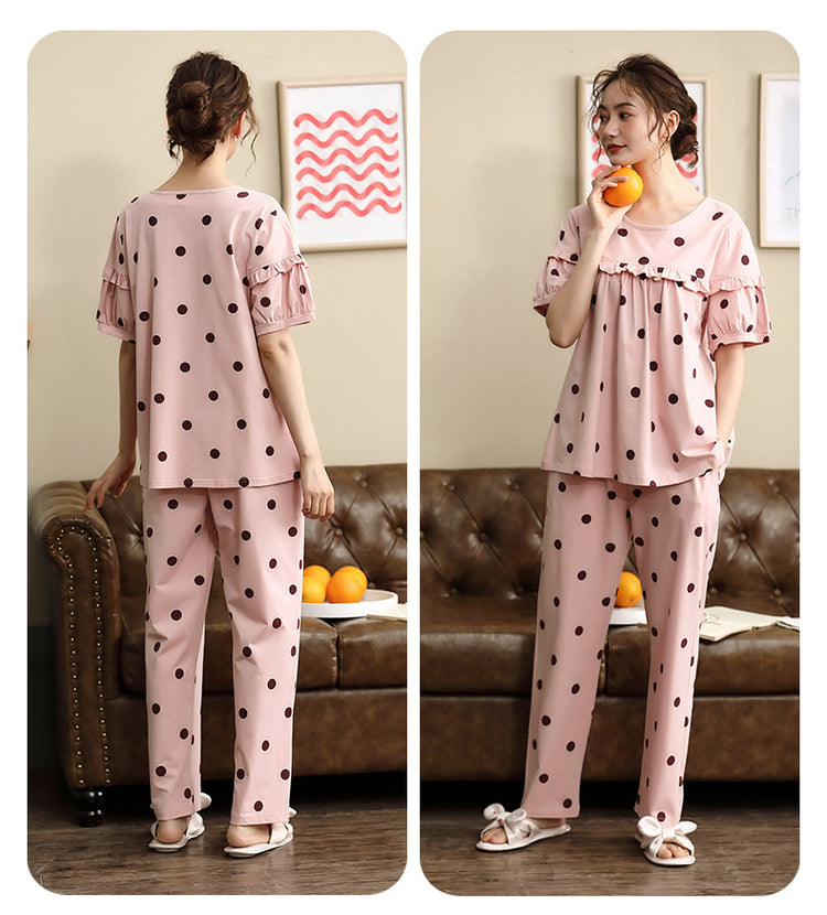 Short Sleeves Polka Dot Pajamas with Ruffle Trimmings #7606