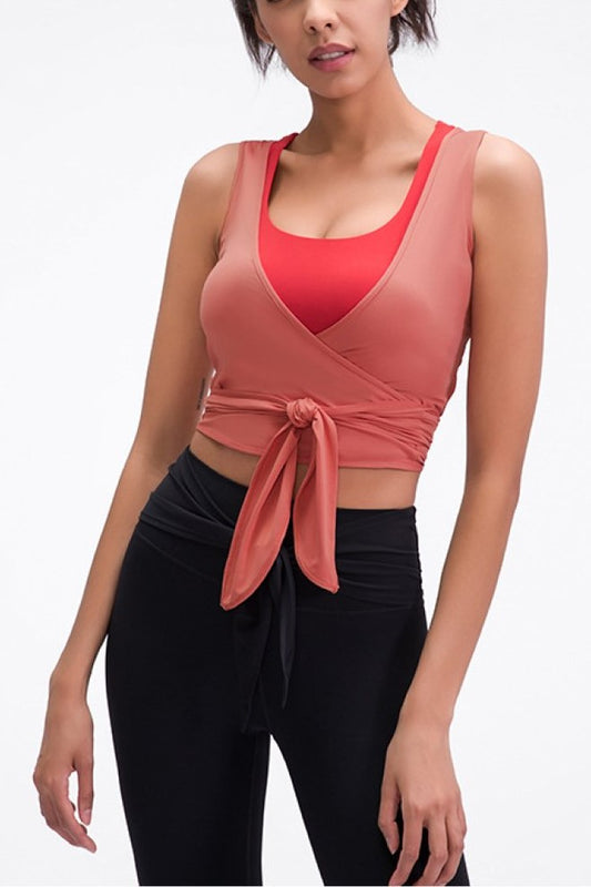 Ribbon Tie Front V Neck Active Tank Cover-Up