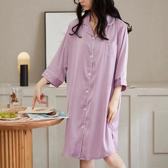 Classic 3/4 Sleeves Comfy Silk Pajama Dress #7823001