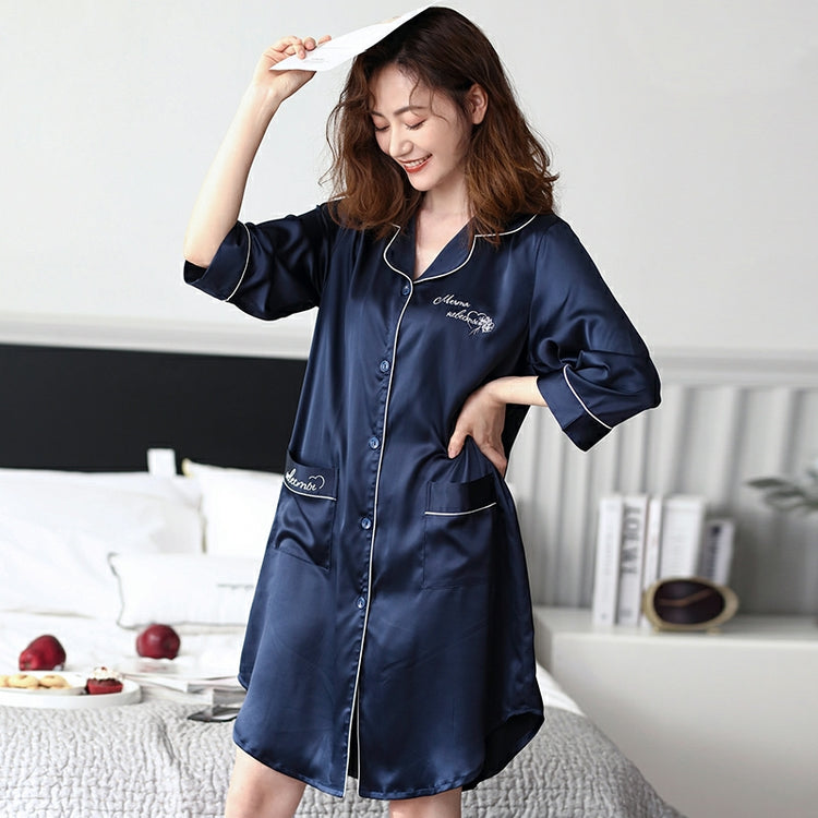 Korean Silk Night Dress For Women - Classy 3/4 Sleeves Silk V-Neck Night Dress #750203