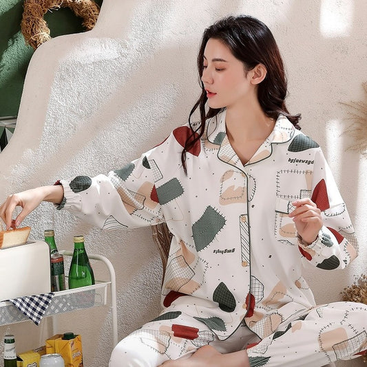 V-Neck Long Sleeves Pajamas with Cute Quilt Patches Print #77832