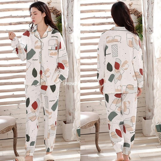 V-Neck Long Sleeves Pajamas with Cute Quilt Patches Print #77832