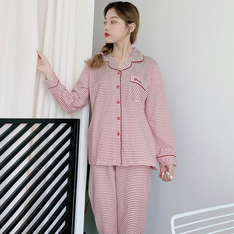 Cotton Pajamas - Cute Red Checkered Pure Cotton Long Sleeve Pajamas #73493